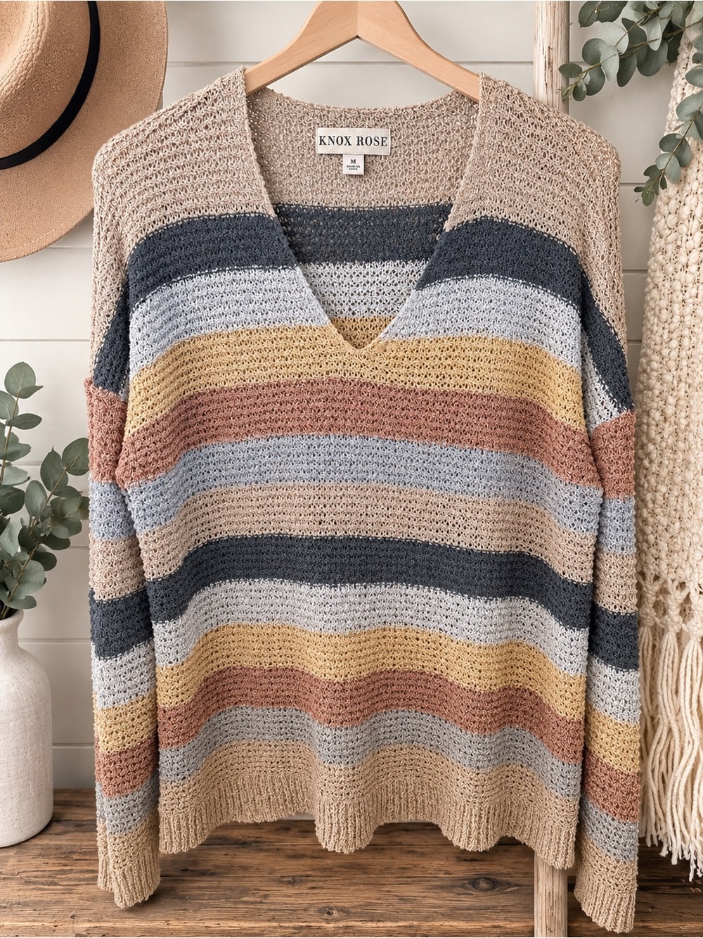 Knox Rose V-Neck Striped Knit Sweater in Neutral Beige, Gray, Mustard, Rust